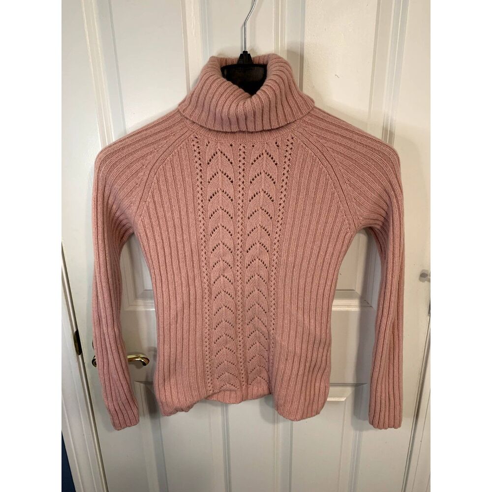 LOFT Pink Lambswool Angora Blend Cable Knit Turtleneck Sweater Size Medium